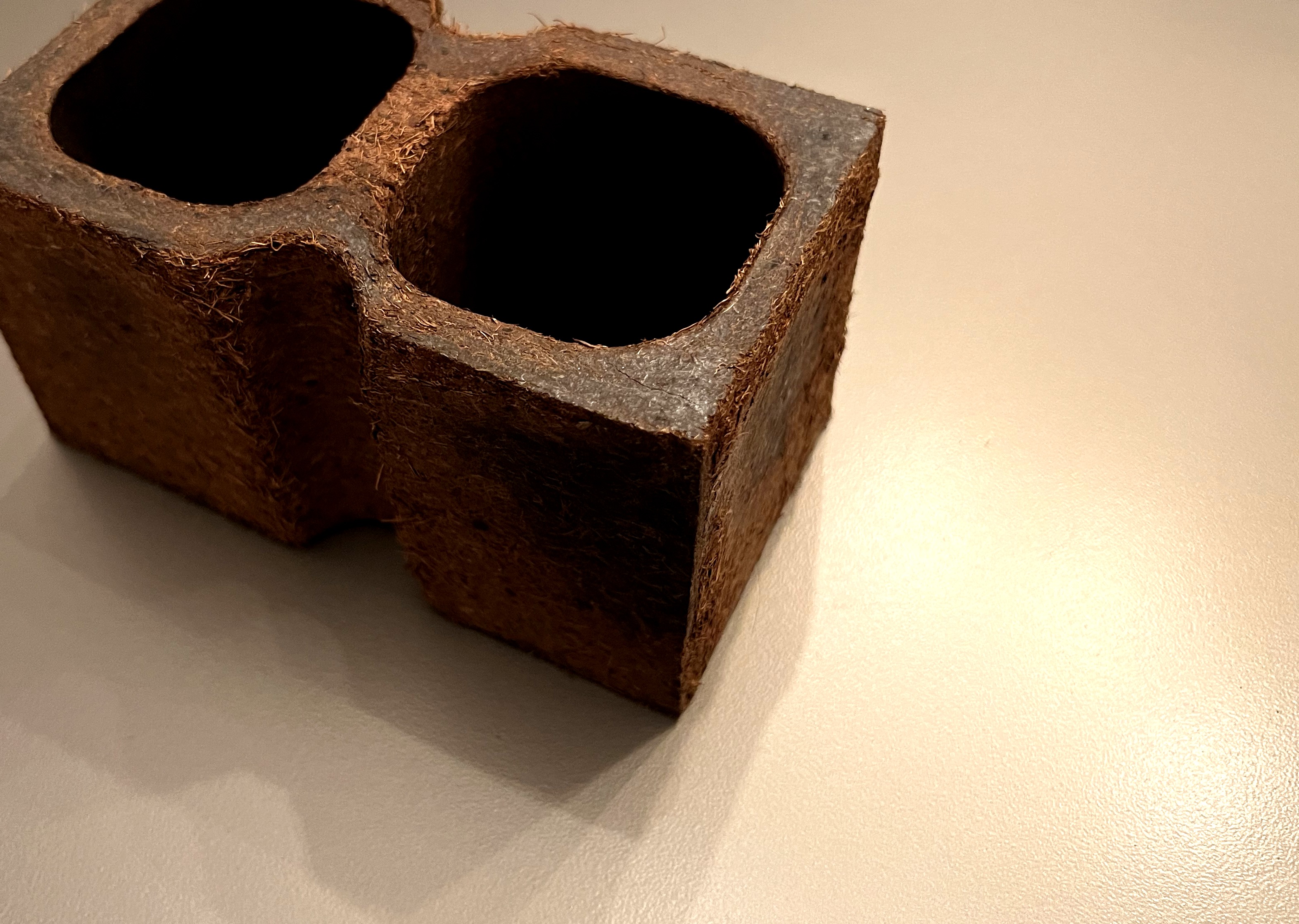 A hollow-core structural block pressed from coconut biomass, showing the twin-bore profile and dense coir-fiber texture.