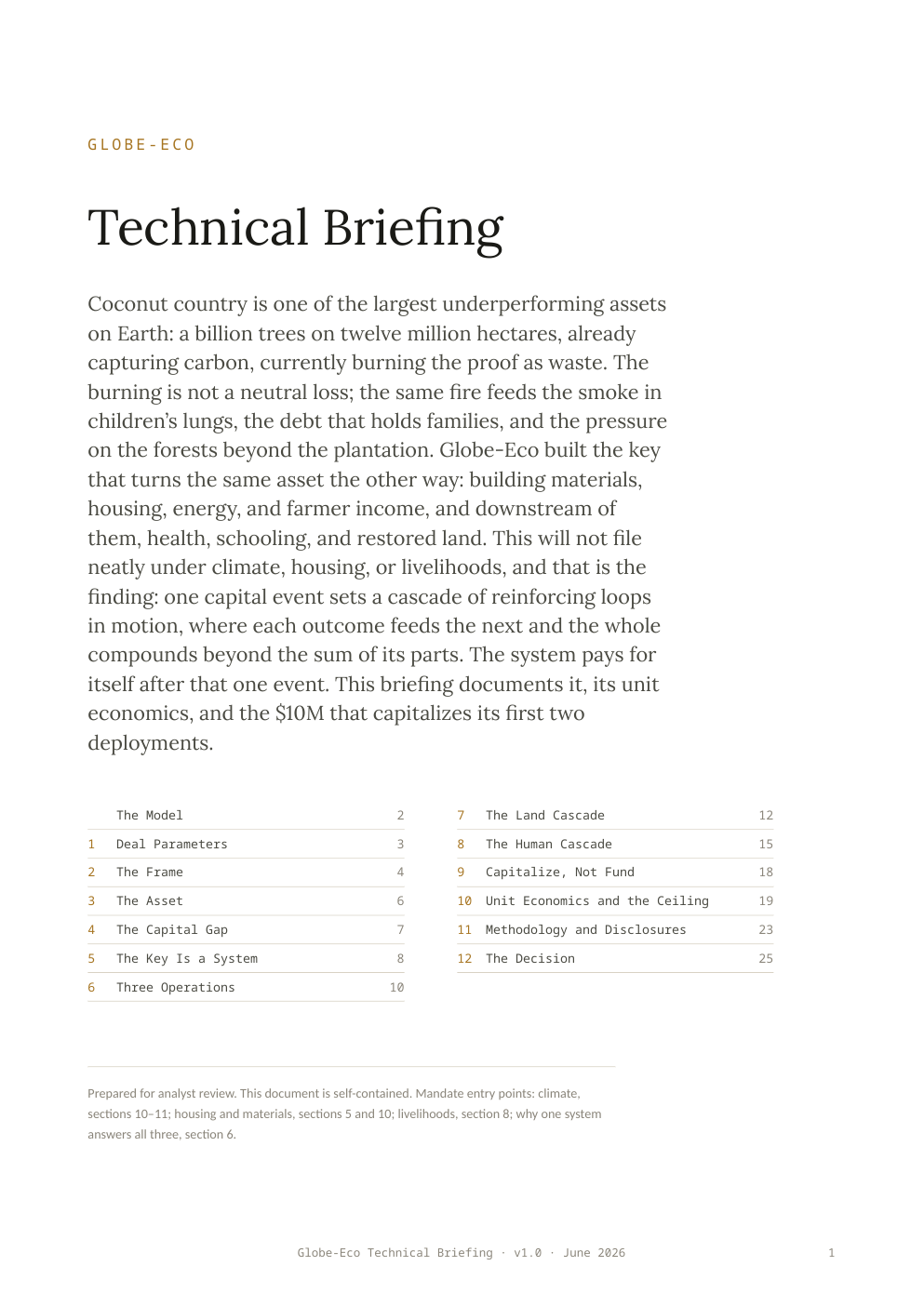 Cover page of the Globe-Eco Technical Briefing: One Capital Event. A Generation of Abundance. v1.0, June 2026.